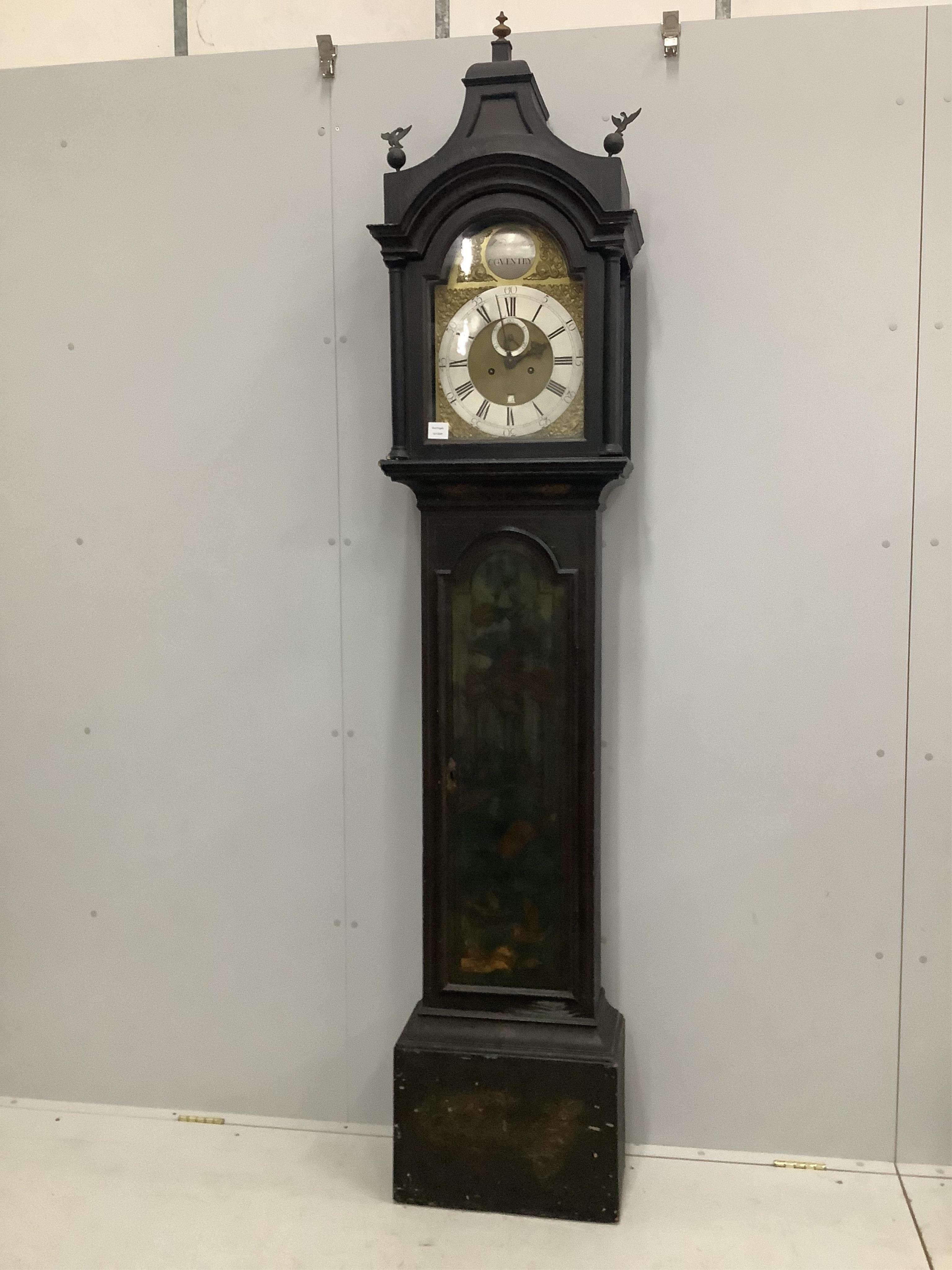 A George III blue japanned eight day longcase clock by William Presbury, Coventry, height 232cm. Condition - case fair, dial good